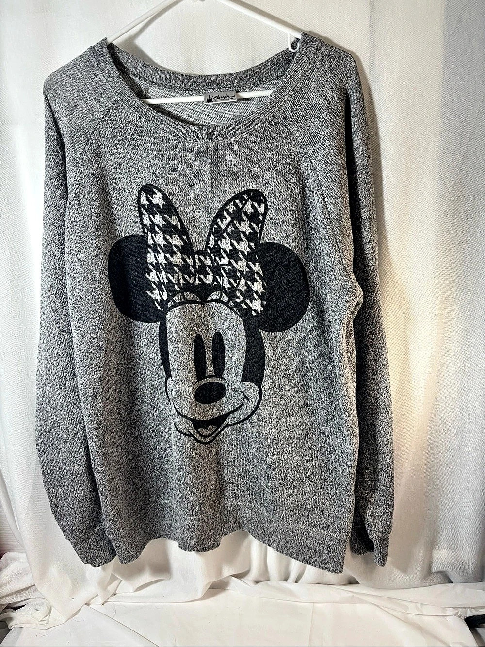 Disney Parks Minnie Mouse Houndstooth Bow Heather Grey Lightweight Sweater Gray
